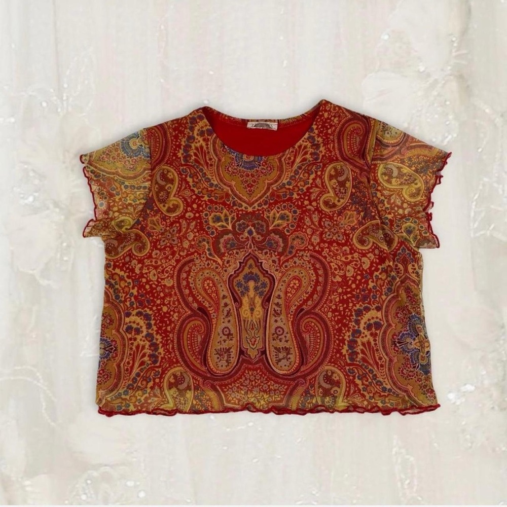 Vintage 90s paisley boho carpet mesh layered crop top sheer lettuce hem 1990s